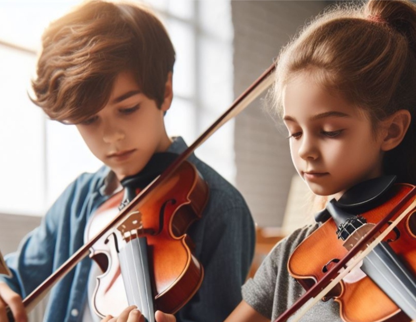 una niña y un niño tocando el violín
